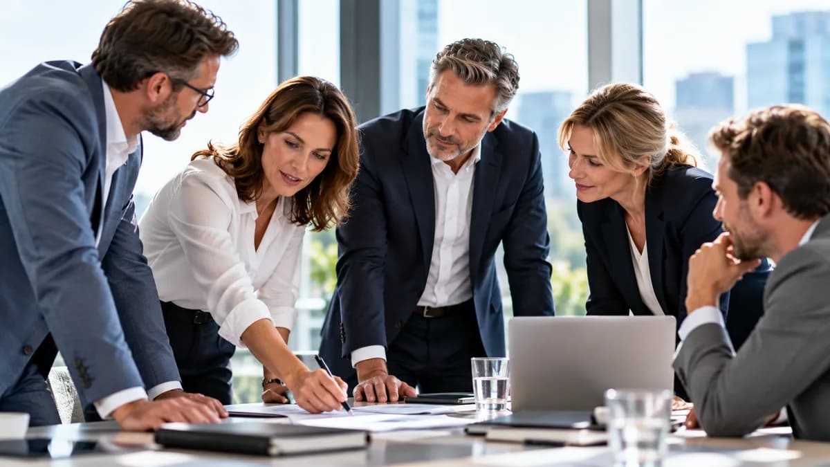 A team working together at a table in a modern office — symbolic image for team building and strong collaboration